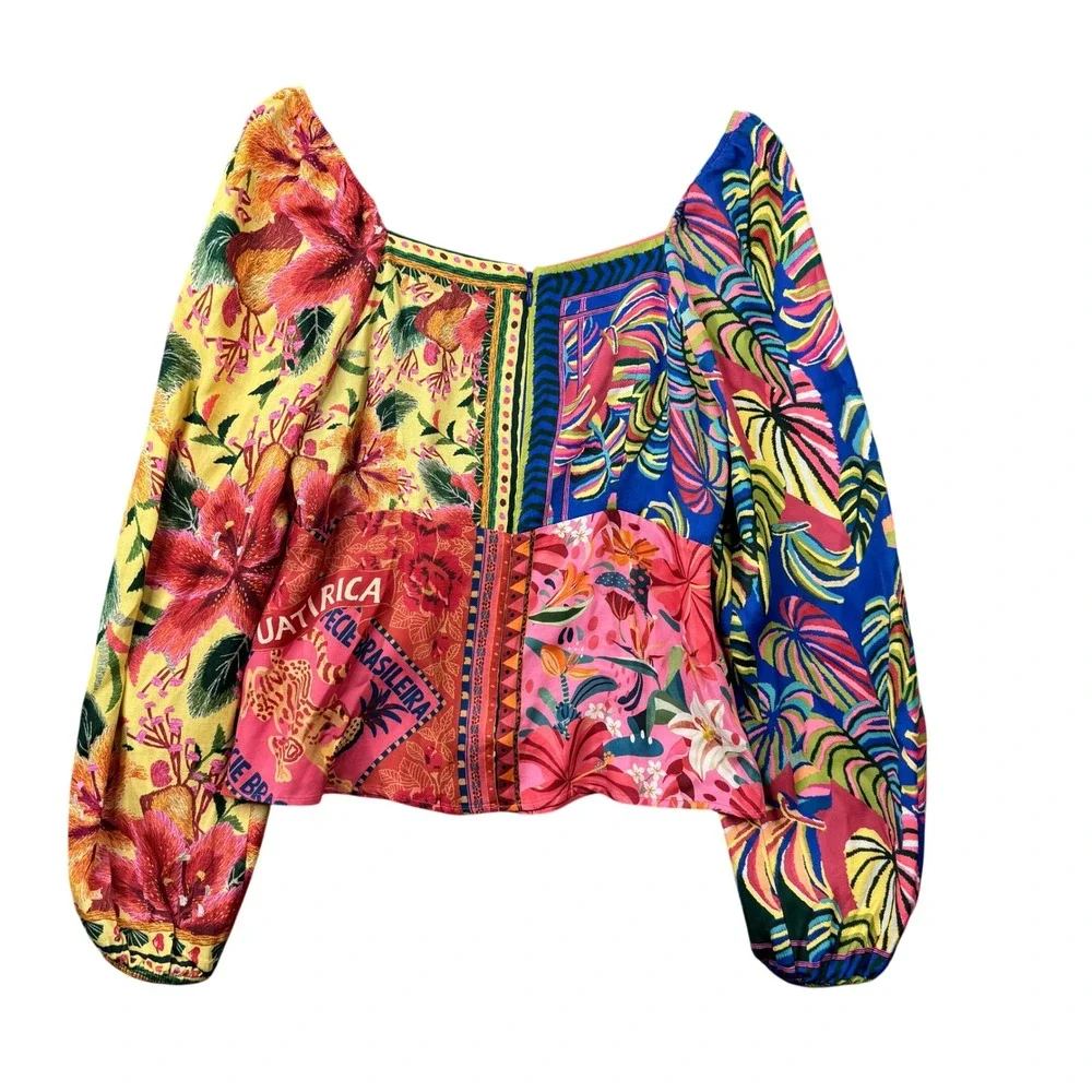 Farm Rio for Anthropologie Mixed Tropical Scarf Print Ruched Blouse Size M